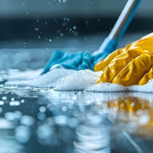 Gloved hands scrubbing a wet floor